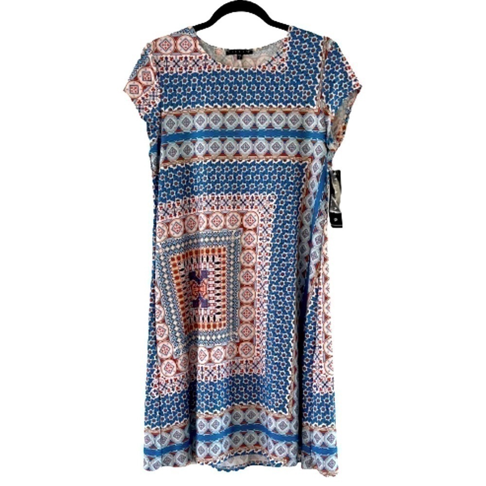 Tiana B. Blue/Orange/Ivory Short Sleeve Shift Dress